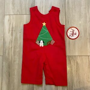 NWT Funtasia Too! Red Corduroy Christmas Tree Appliqué Longall Romper, boys 9M